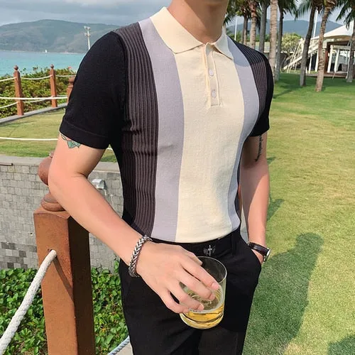 Men's Fashion Slim Fit Short Sleeved Knitted Striped Polo Tee Shirt