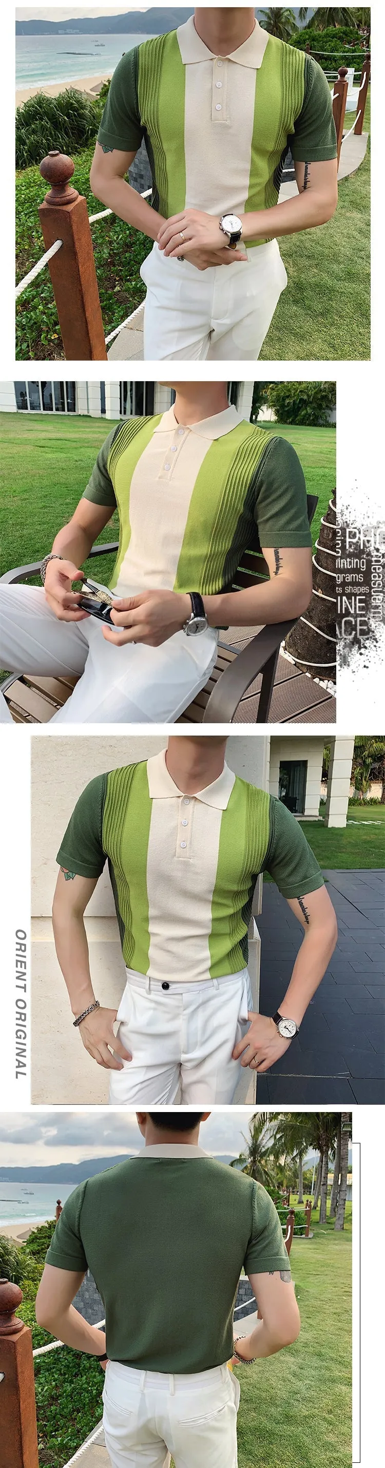 Men's Fashion Slim Fit Short Sleeved Knitted Striped Polo Tee Shirt