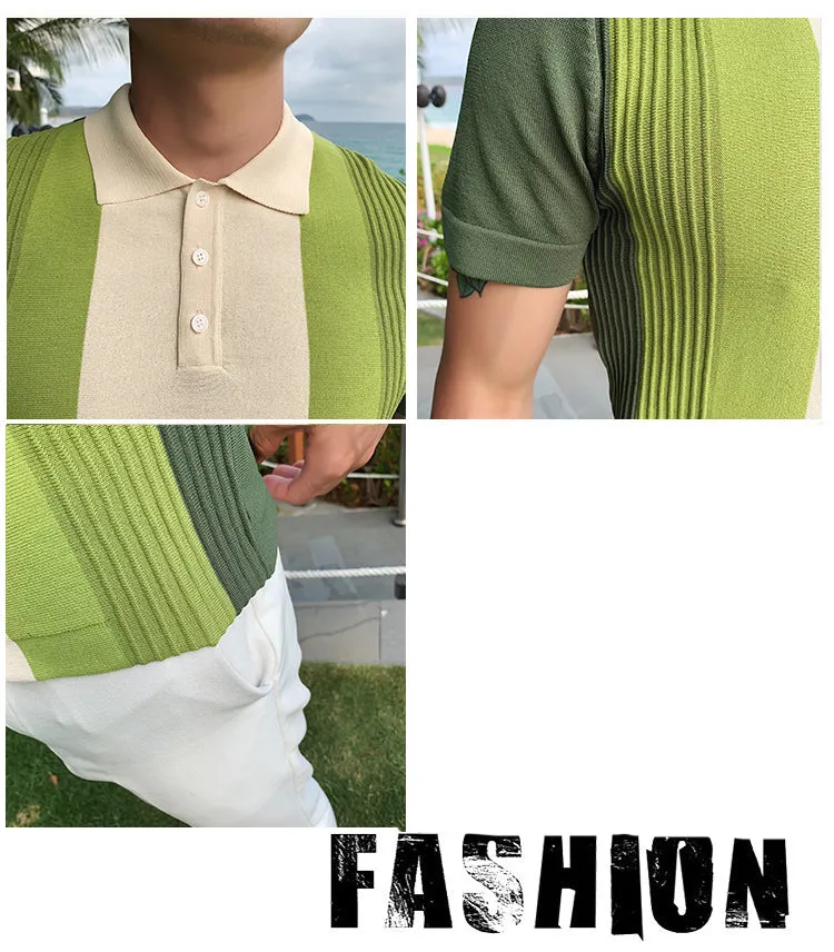 Men's Fashion Slim Fit Short Sleeved Knitted Striped Polo Tee Shirt