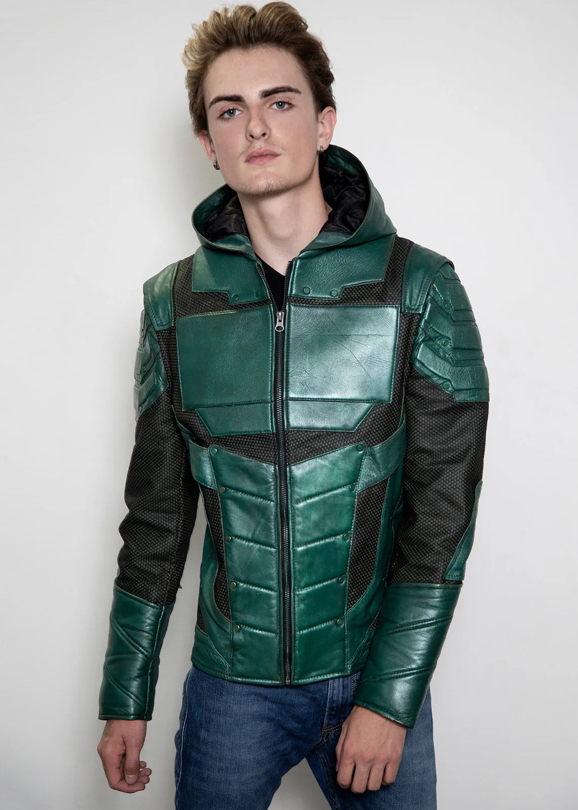 Mens Hand-Painted Chrome Green Arrow Leather Jacket | Luca Designs