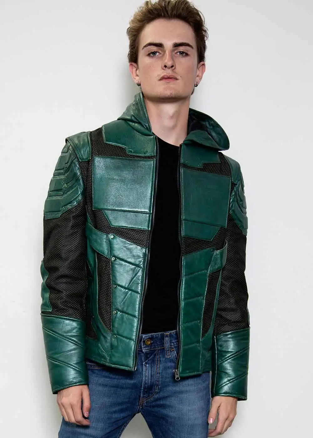 Mens Hand-Painted Chrome Green Arrow Leather Jacket | Luca Designs