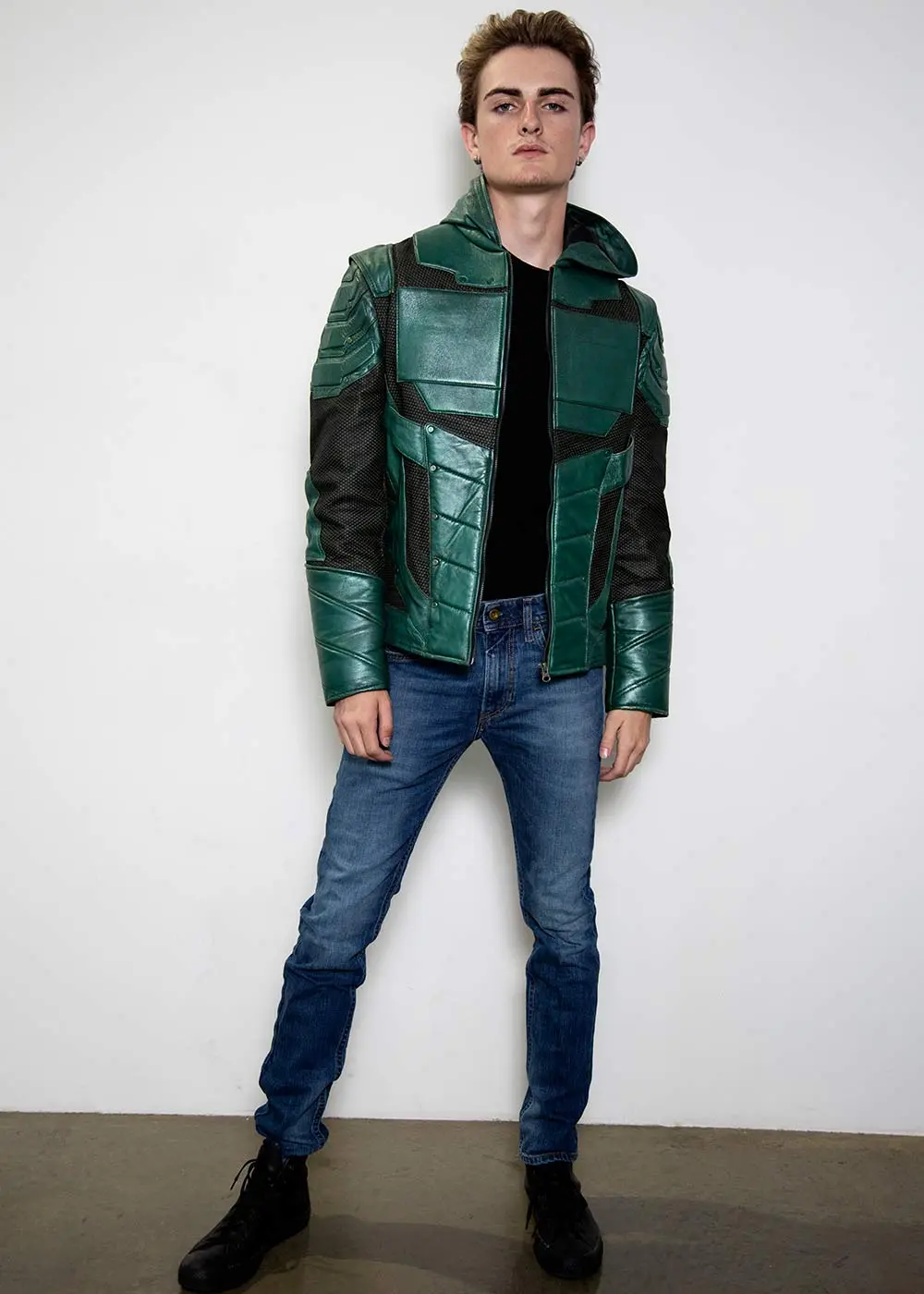 Mens Hand-Painted Chrome Green Arrow Leather Jacket | Luca Designs