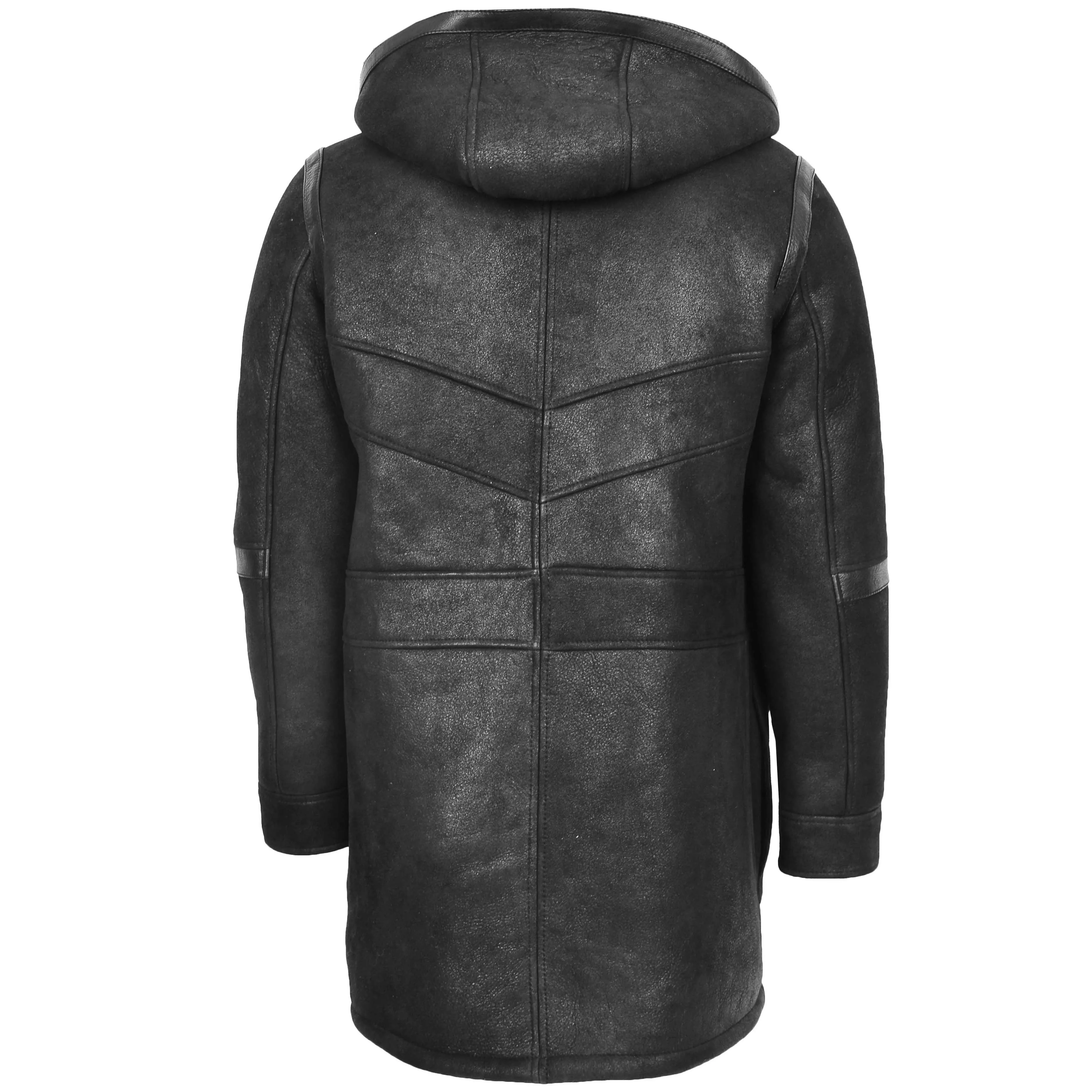 Mens Real Sheepskin Winter Duffle Coat Bain Black