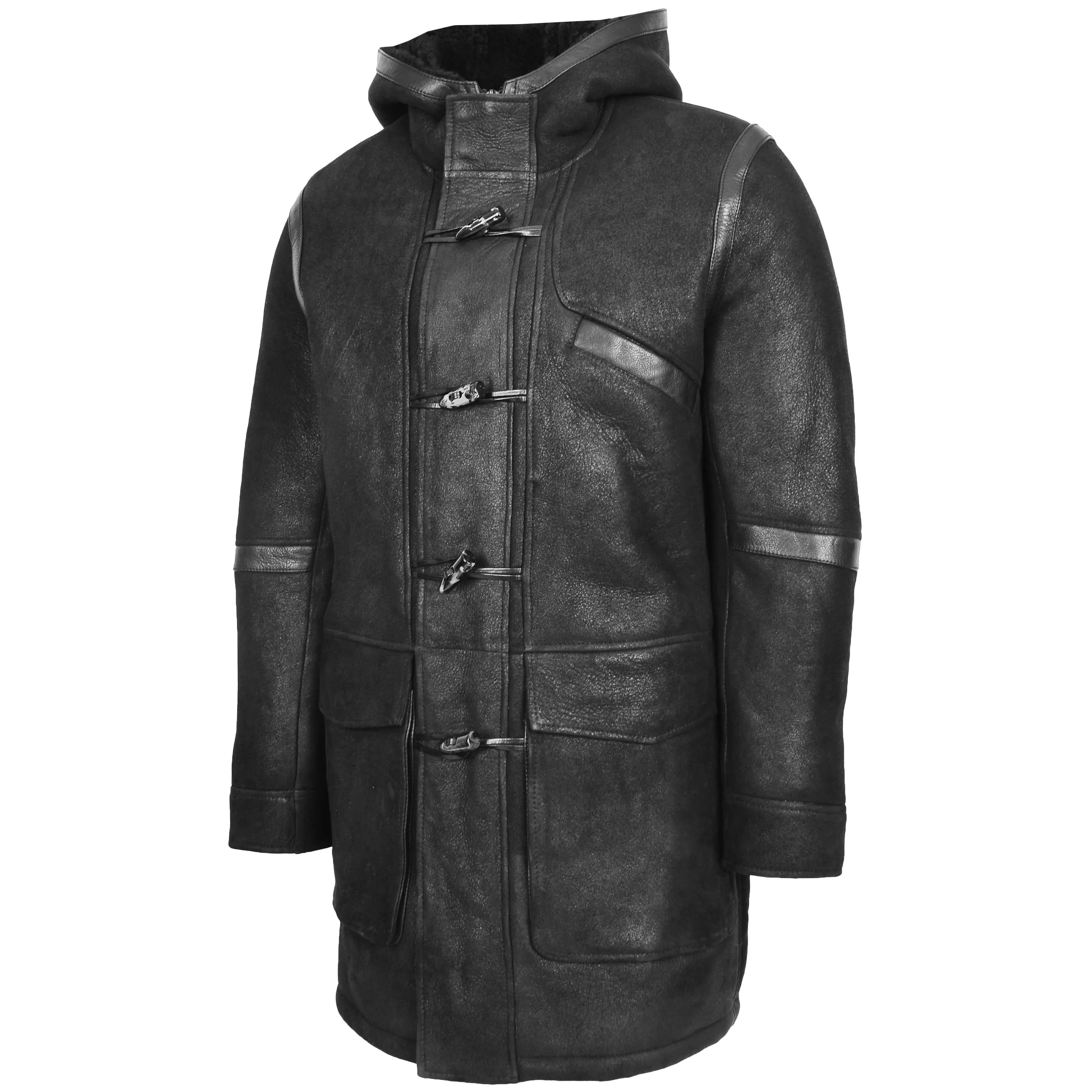 Mens Real Sheepskin Winter Duffle Coat Bain Black