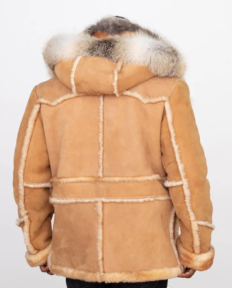 Men's Sheepskin Shearling Toggled Coat With Fox Collar and Hood Style #4950H