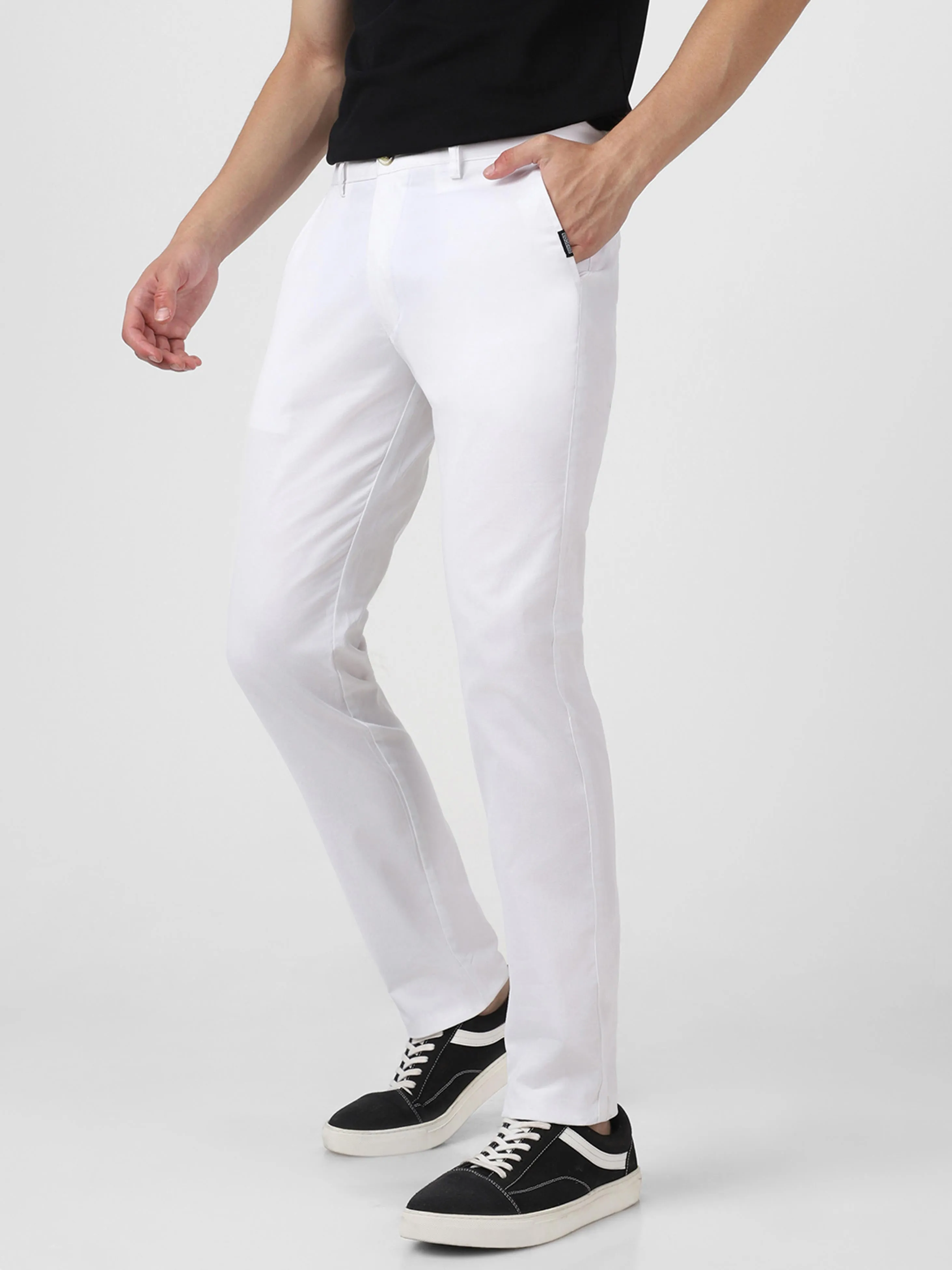 Men's White Cotton Light Weight Non-Stretch Slim Fit Casual Trousers