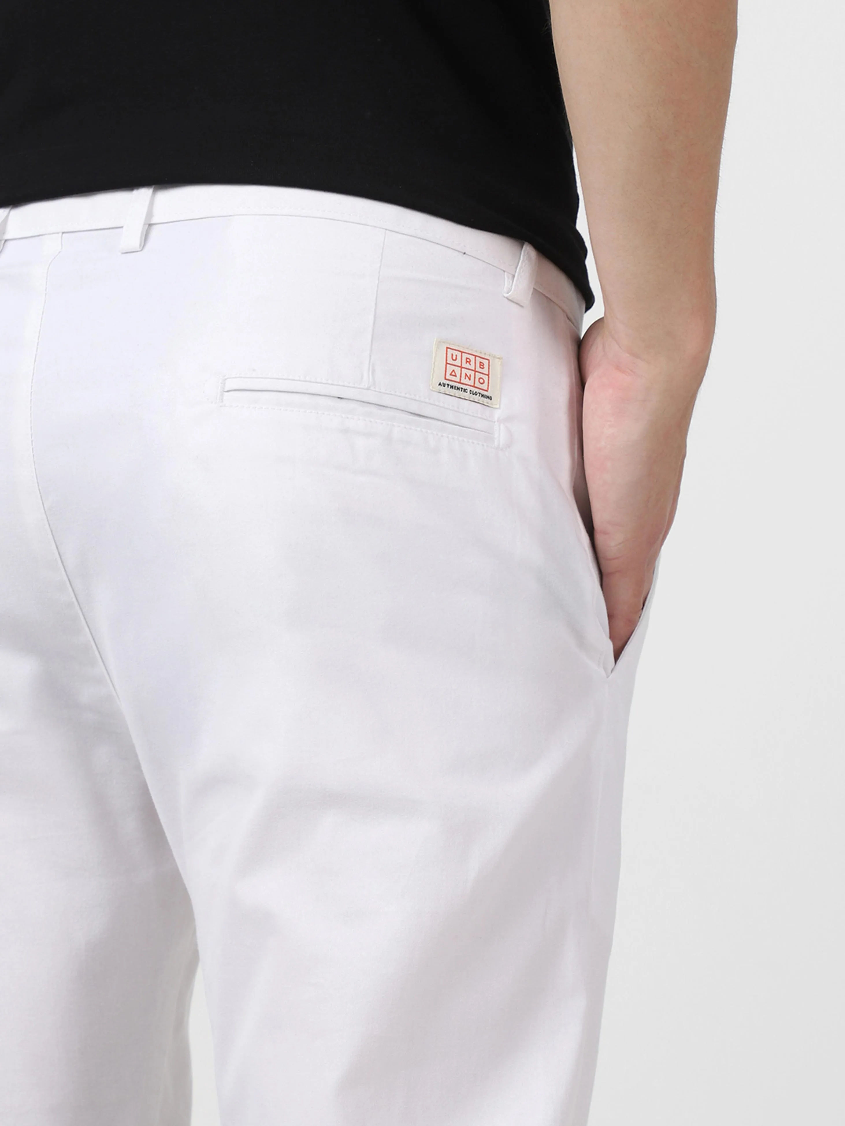 Men's White Cotton Light Weight Non-Stretch Slim Fit Casual Trousers