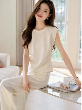 Mohan Yimei fashionable commuting sleeveless T-shirt elastic trousers versatile suit 2024 summer new casual two-piece set