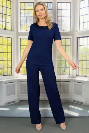 Navy Julianna Jersey Stretch Wide Leg Trouser | Roman UK