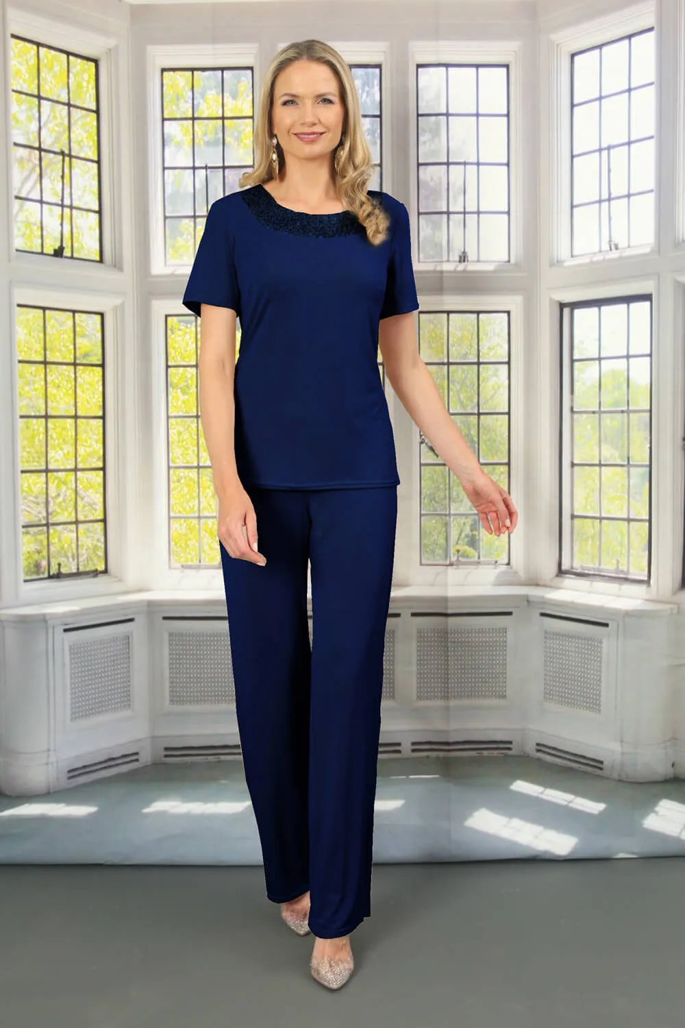 Navy Julianna Jersey Stretch Wide Leg Trouser | Roman UK