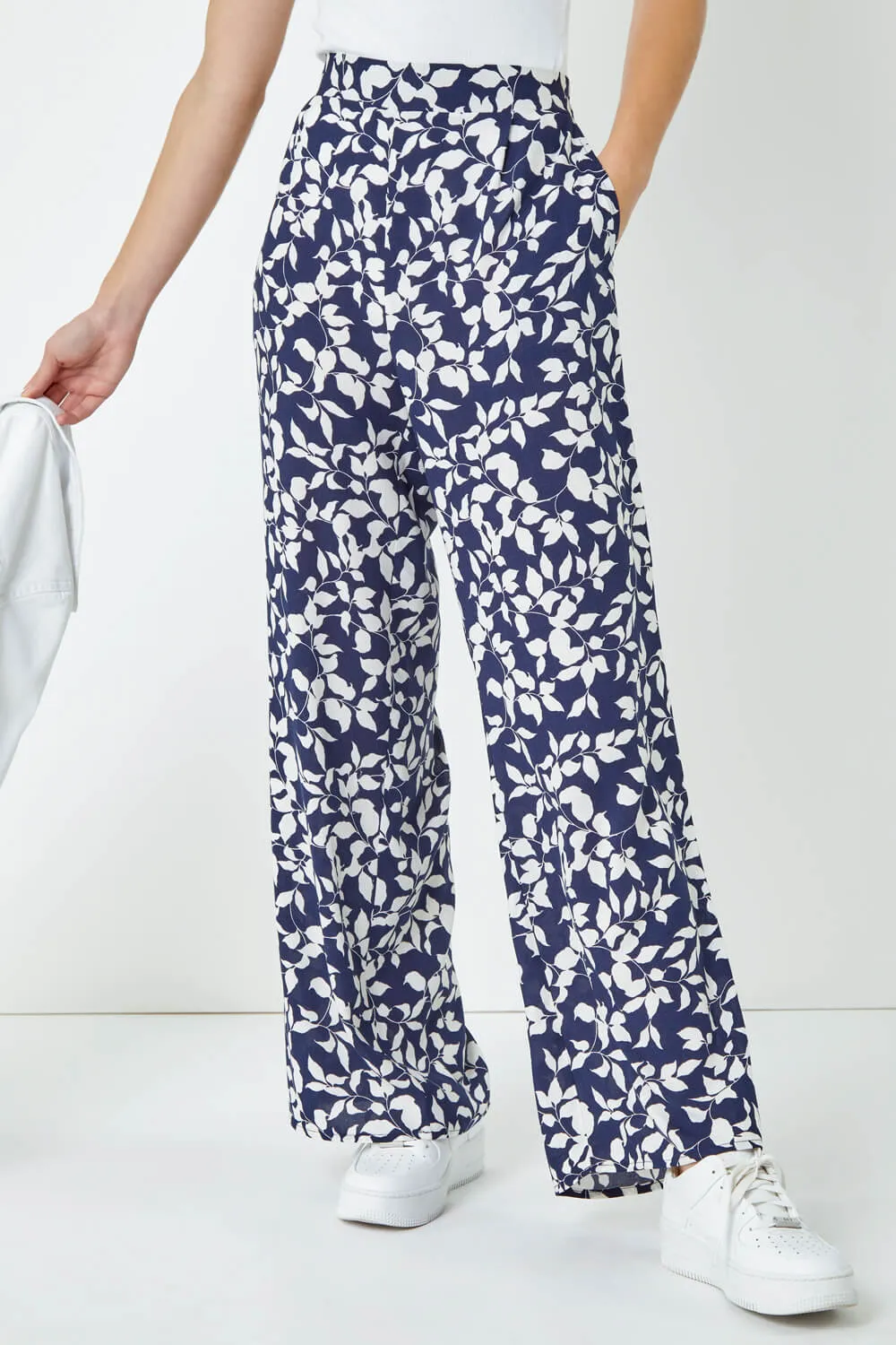 Navy Leaf Print Wide Leg Trouser | Roman UK