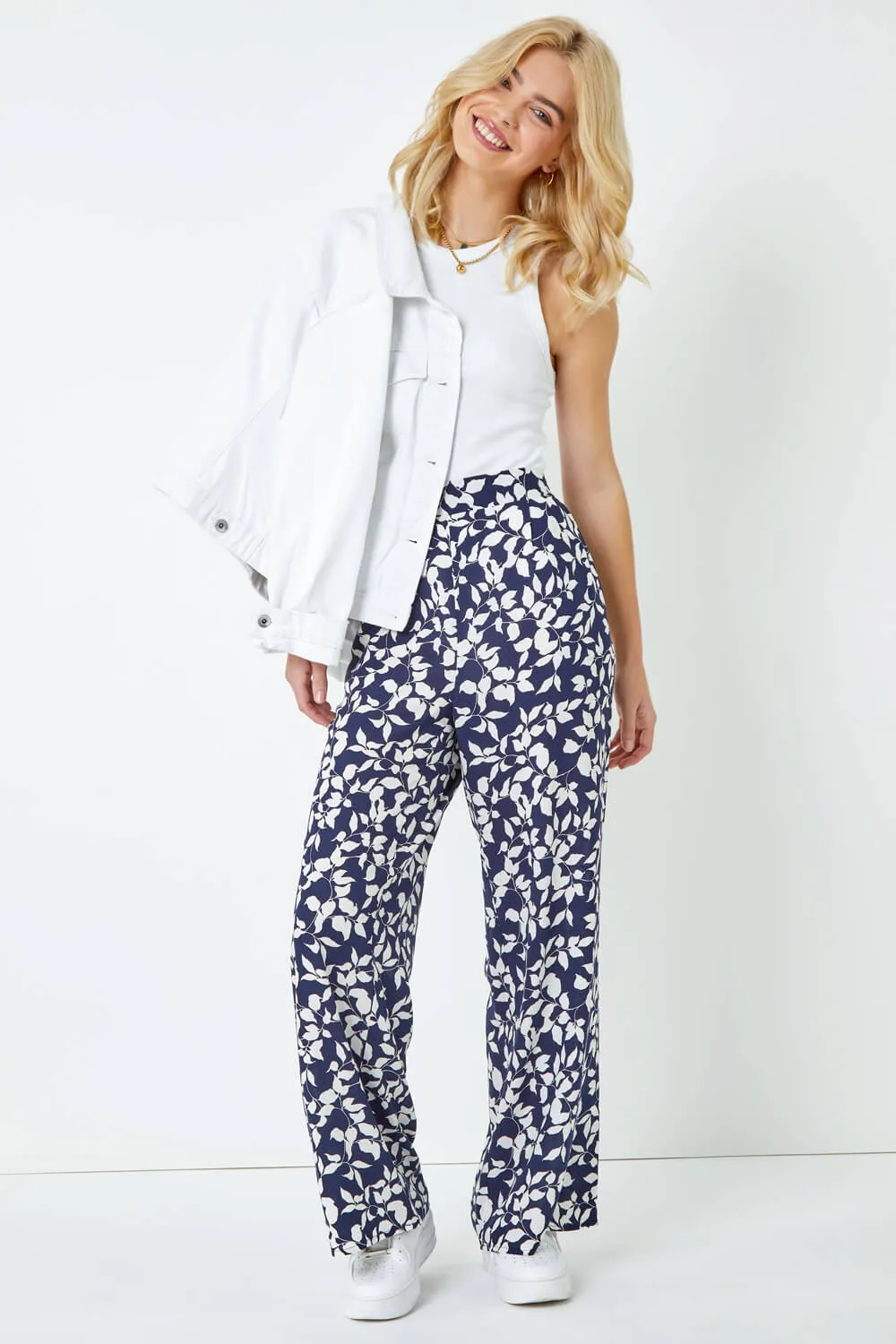 Navy Leaf Print Wide Leg Trouser | Roman UK