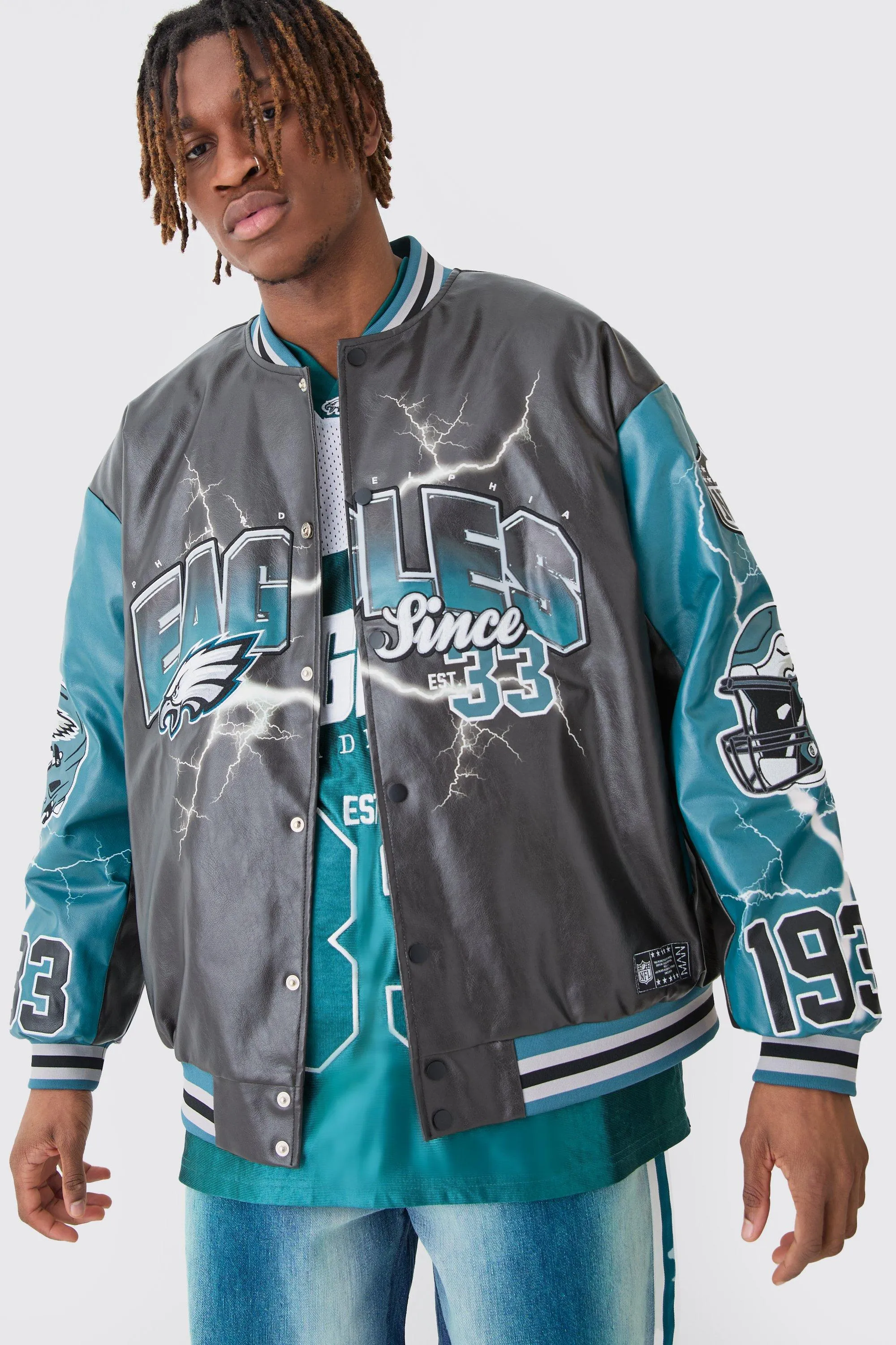 Nfl Eagles Oversized Varsity Pu Applique Jacket | boohooMAN UK