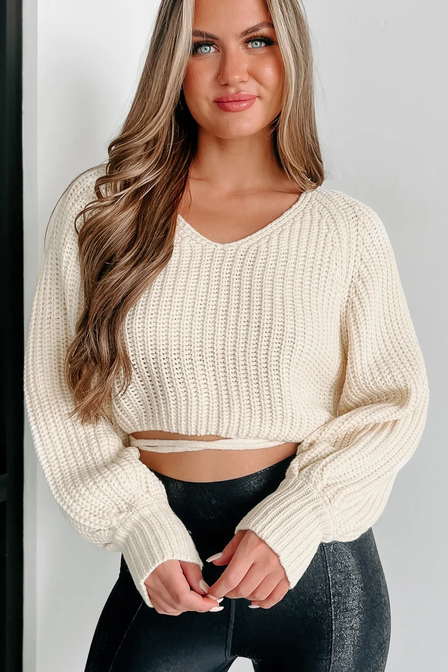 On The Flip Side Open Back Wrap Tie Crop Sweater (Ivory)