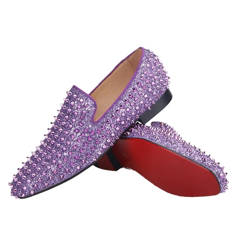 OneDrop Men Handmade Purple Lavender Spikes Casual Shoes Party Prom Wedding Banquet Loafers Red Sole