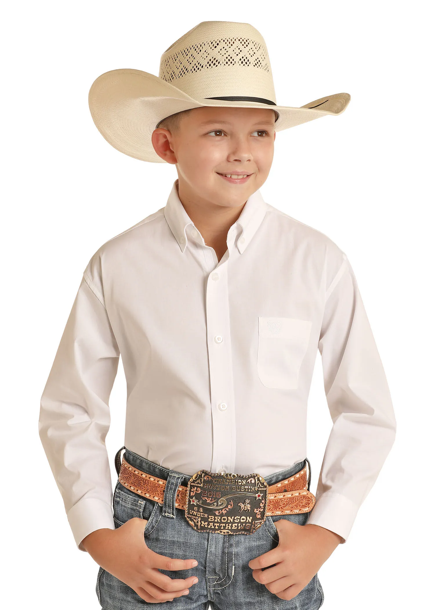 Panhandle Slim Boys White Solid Poplin Long Sleeve Shirt