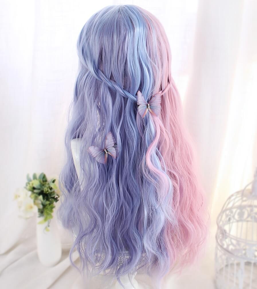 PASTEL HALF PINK HALF BLUE LONG CURLY WIG BY90073