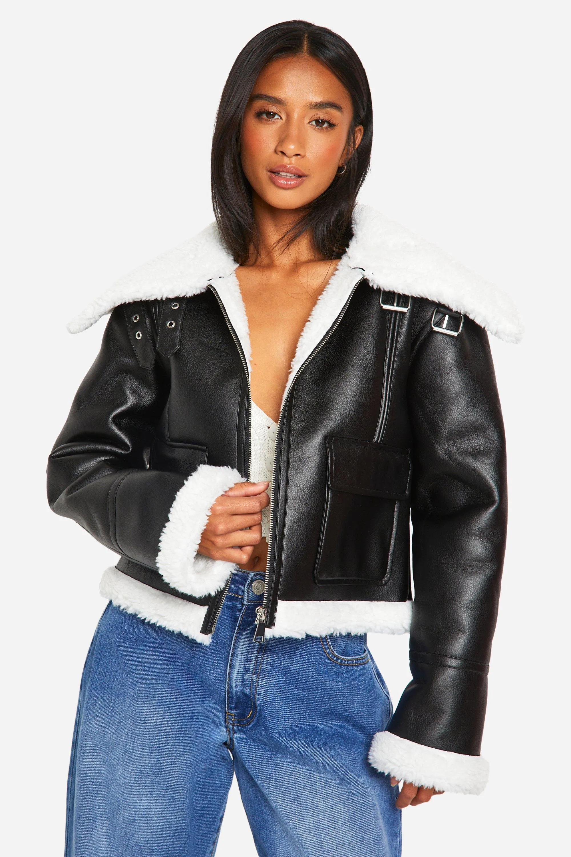 Petite Faux Fur Lined Leather Jacket