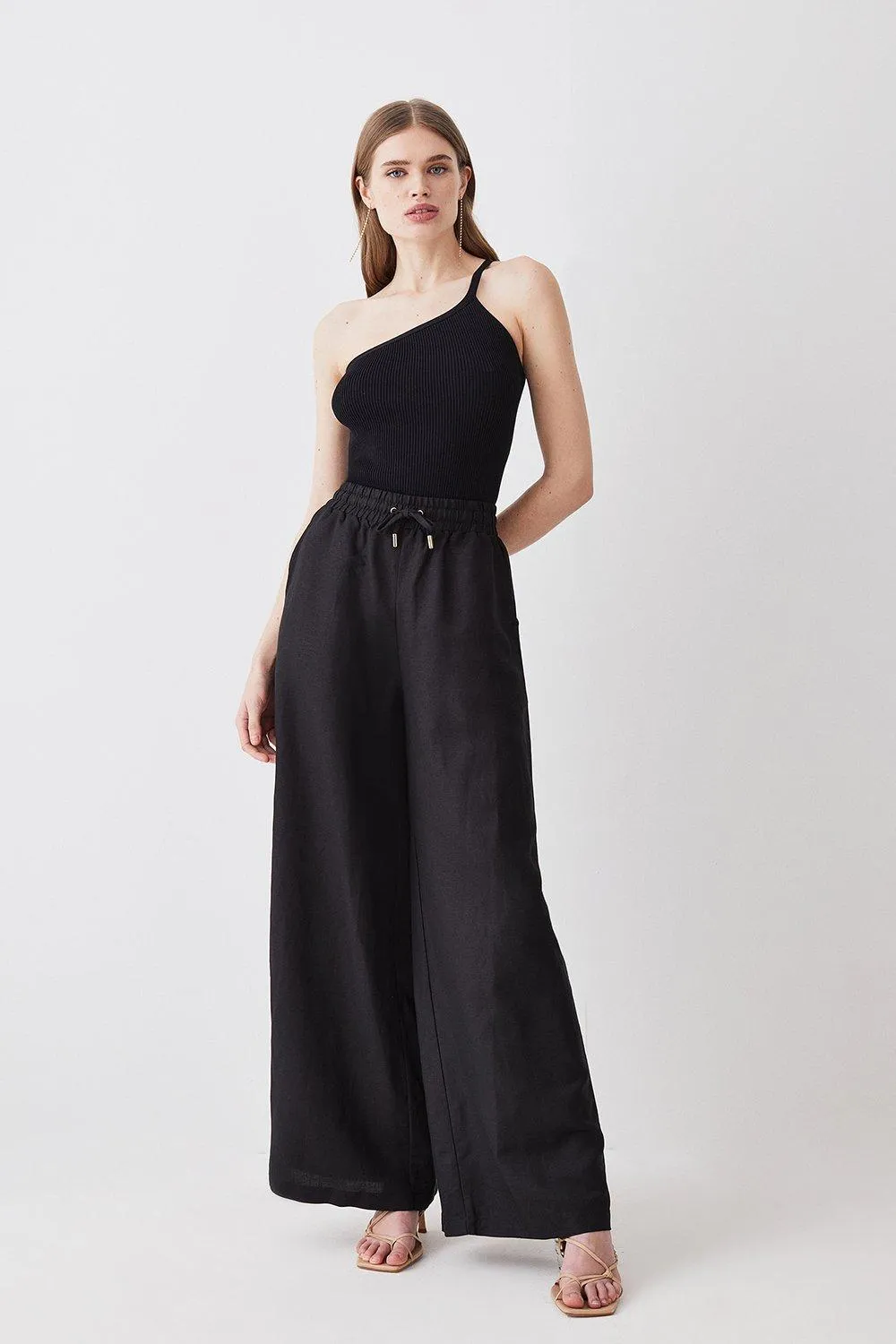 Petite Linen Wide Leg Trouser | Karen Millen