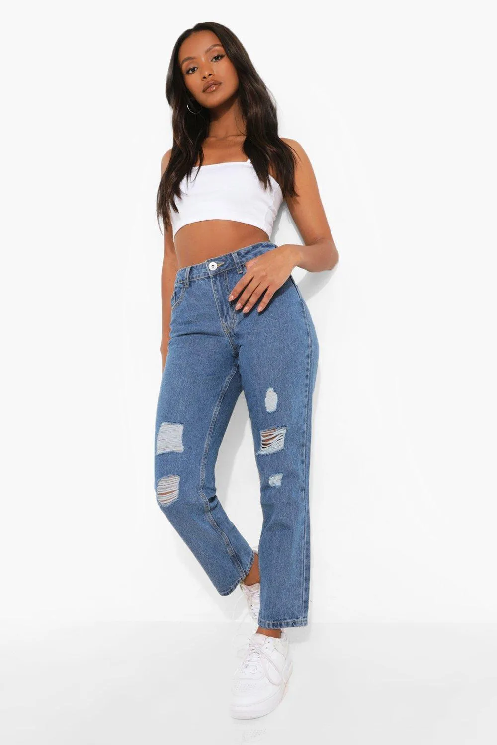 Petite Rise Super Distressed Boyfriend Jeans