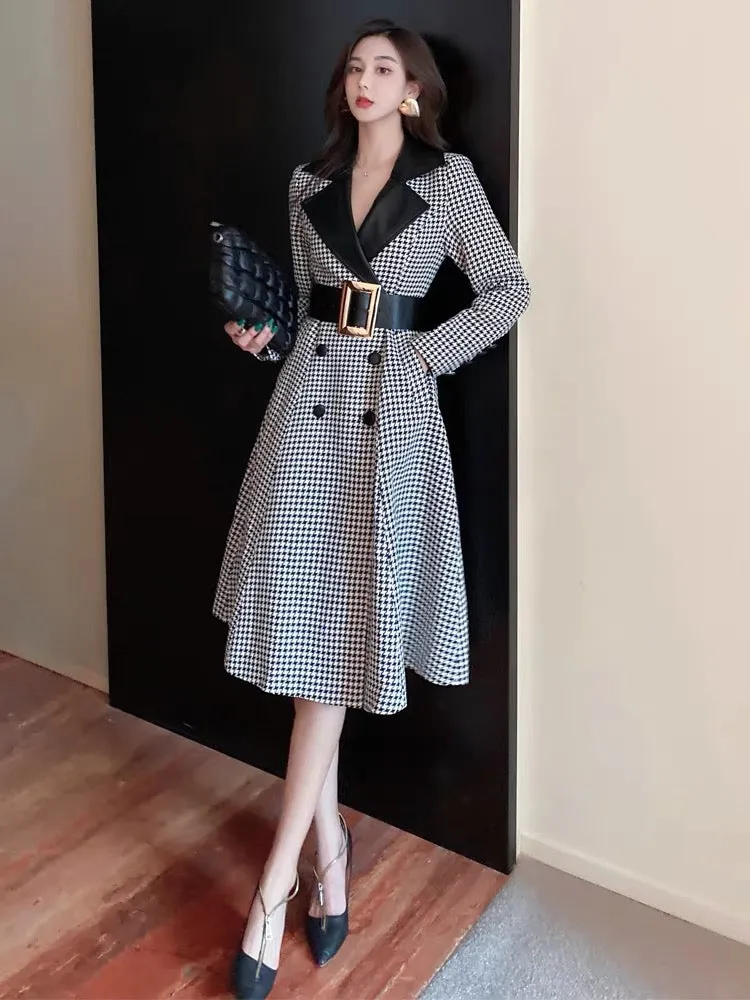 Plaid trench coat for women autumn and winter 2023 new houndstooth stitching PU leather mid-length waist slimming coat jacket