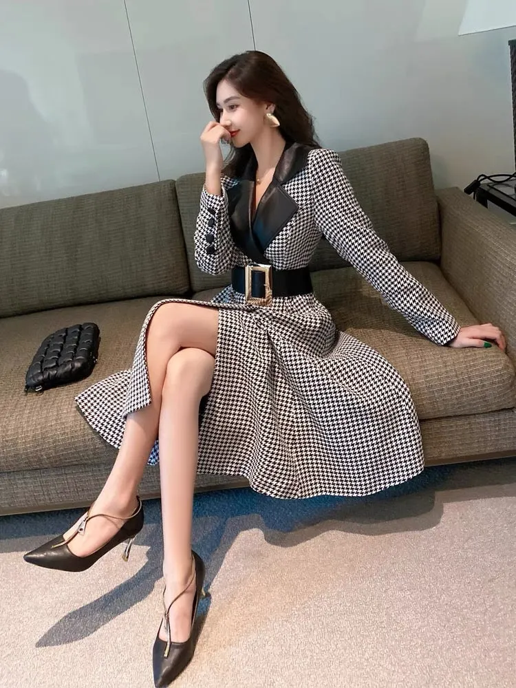 Plaid trench coat for women autumn and winter 2023 new houndstooth stitching PU leather mid-length waist slimming coat jacket