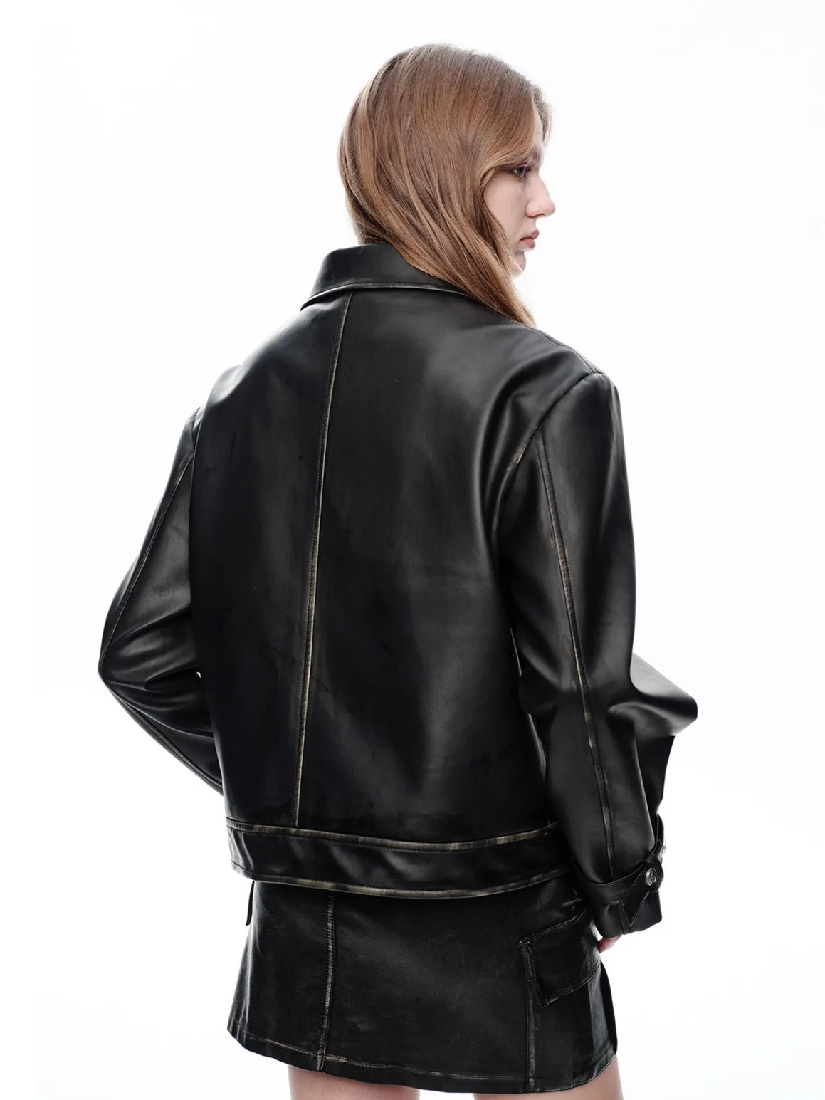 Plain Compact Smooth Simple Cool Leather-Jacket