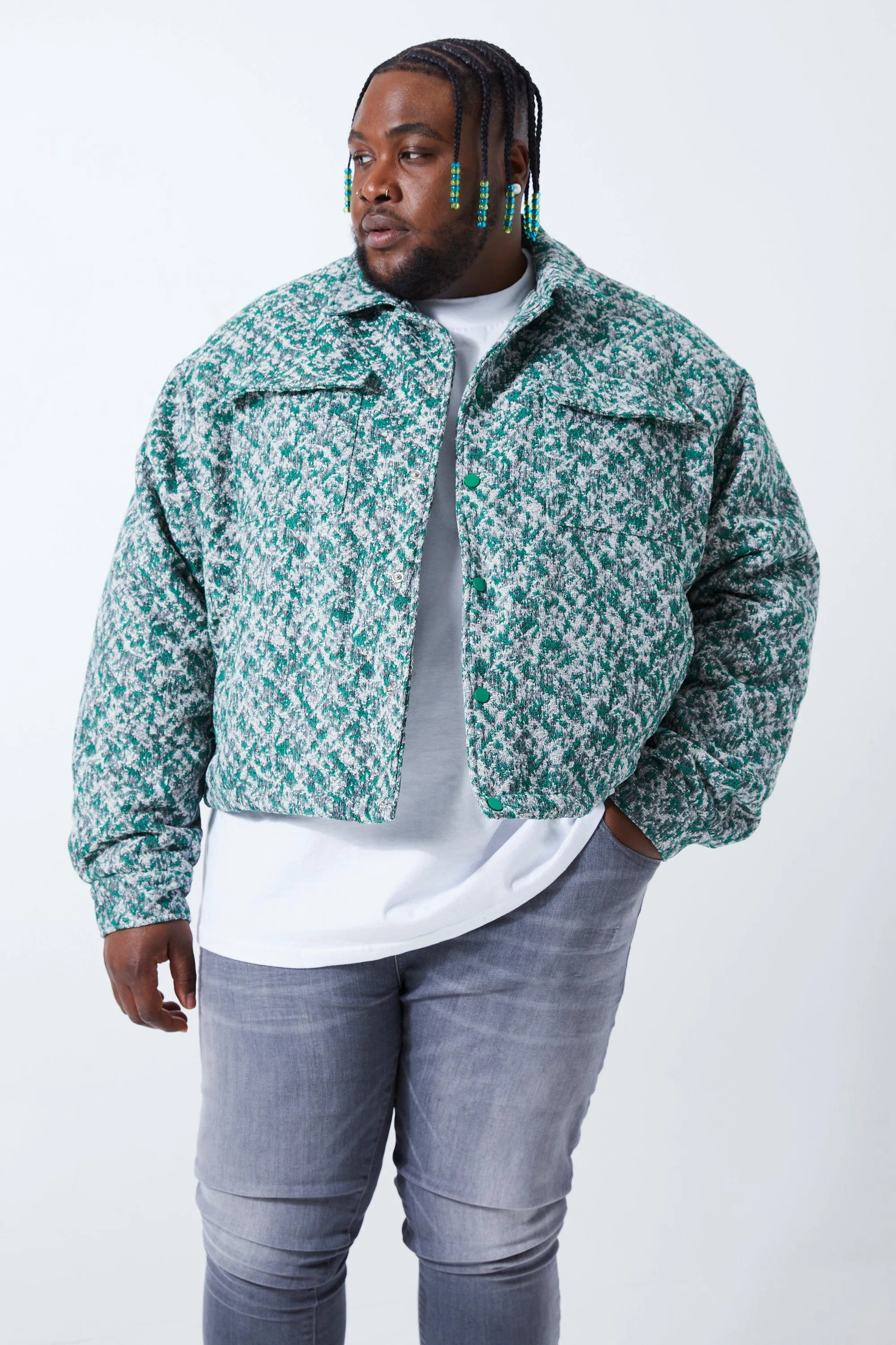 Plus Boxy Textured Jacquard Collared Jacket