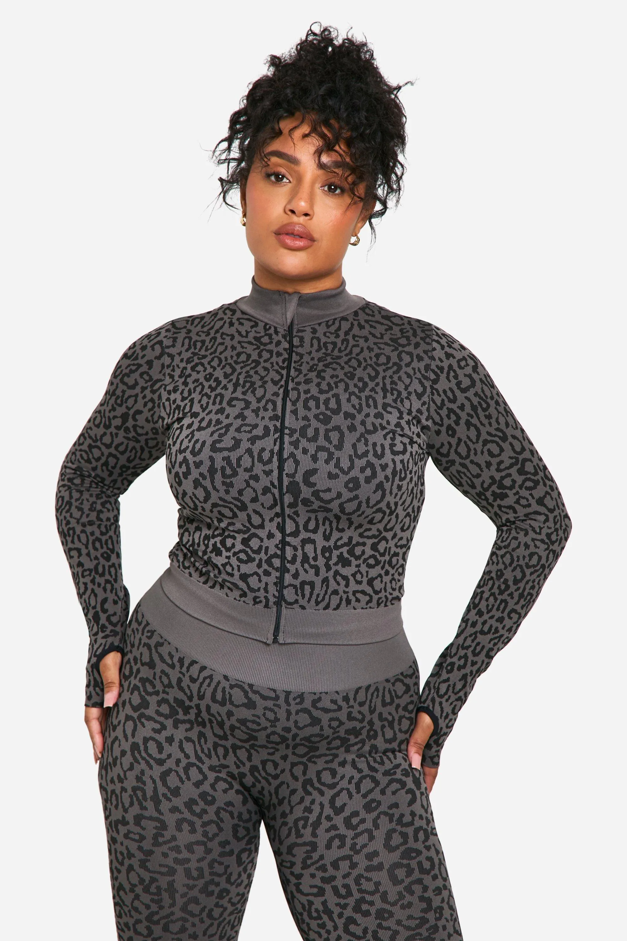 Plus Leopard Print Seamless Zip Through Jacket