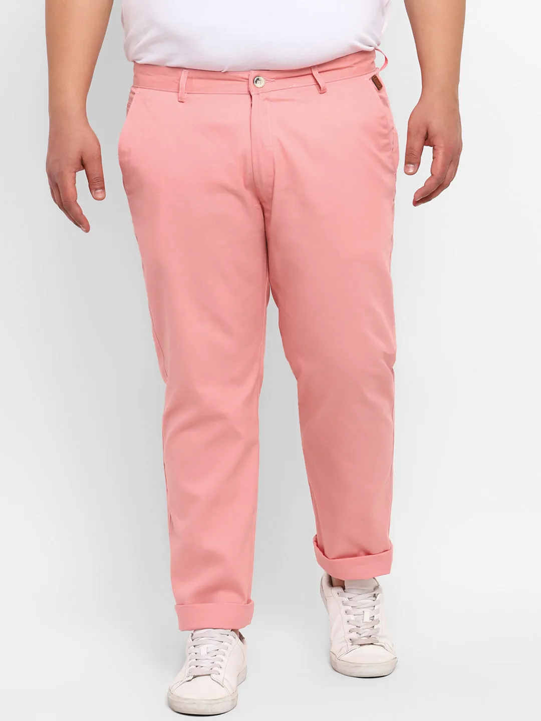 Plus Men's Pink Cotton Light Weight Non-Stretch Regular Fit Casual Trousers