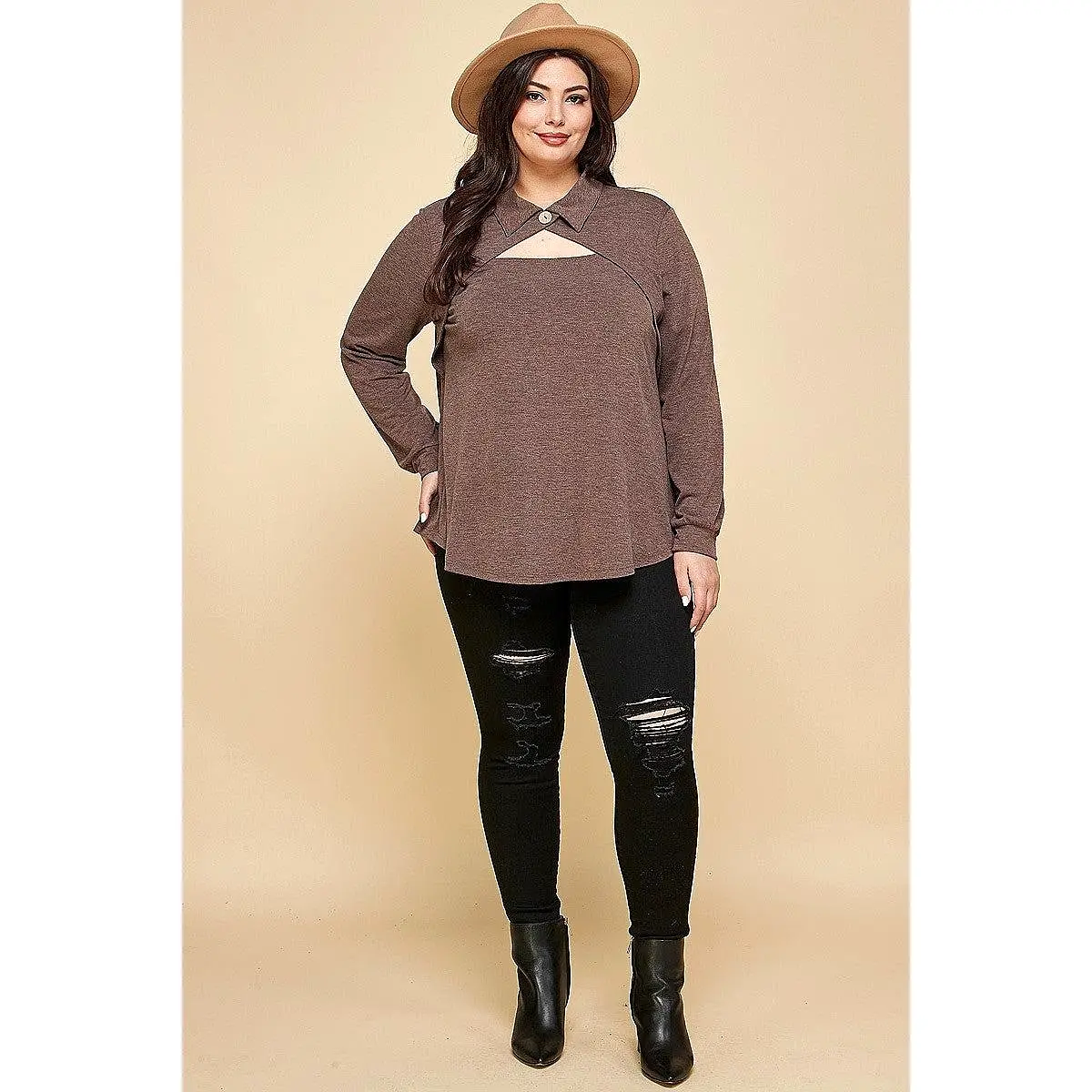 Plus Size Solid Long Sleeve Fashion Top