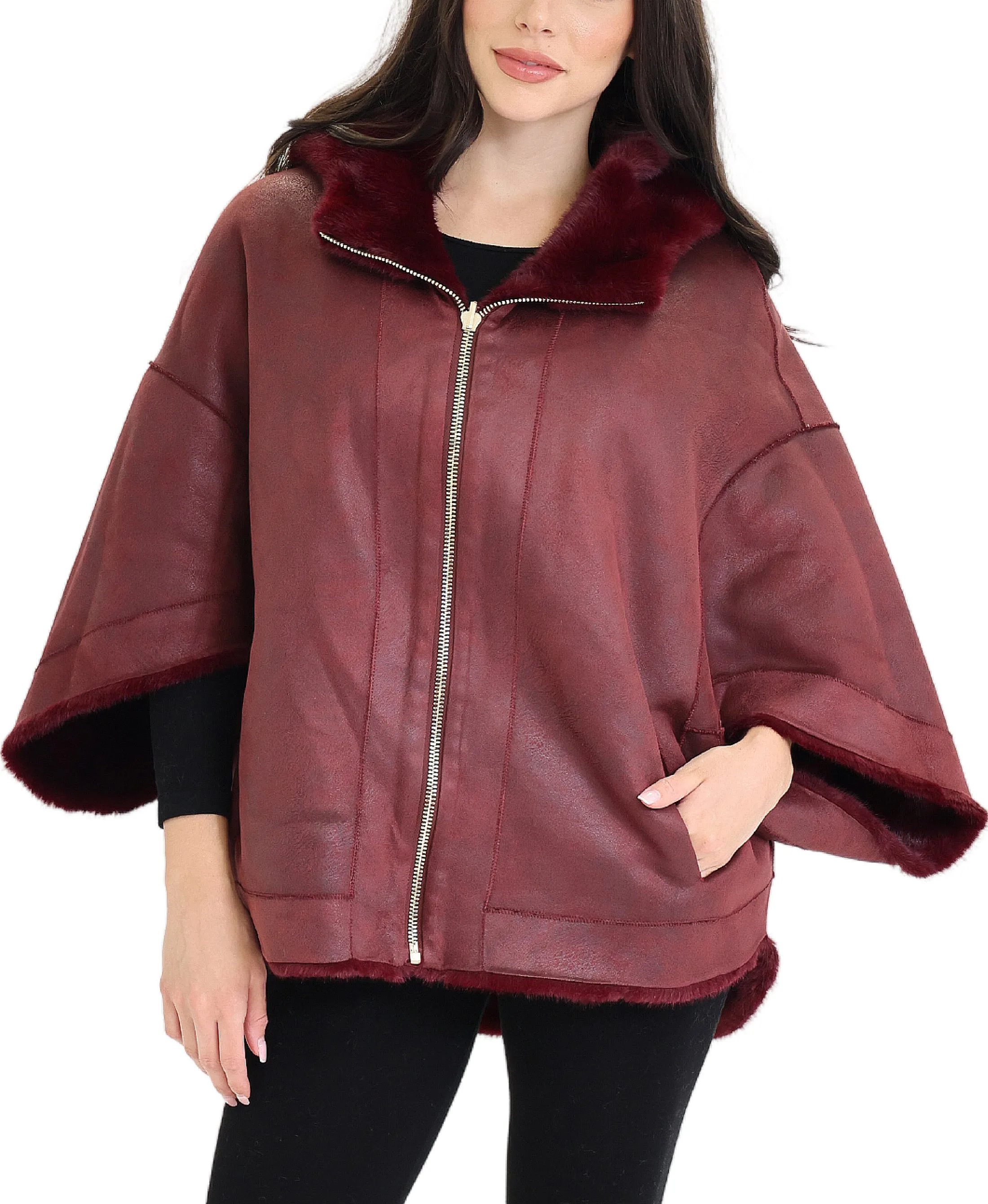 Reversible Faux Fur & Faux Suede Cape w/ Hood