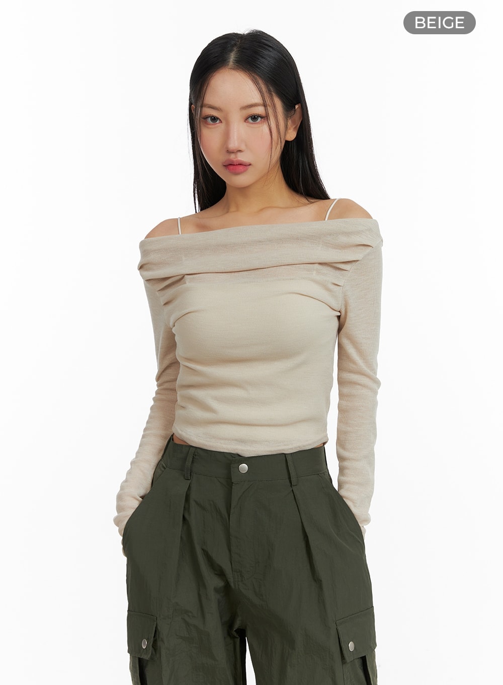 Semi-Ruched Solid Off-Shoulder Long Sleeve CM411