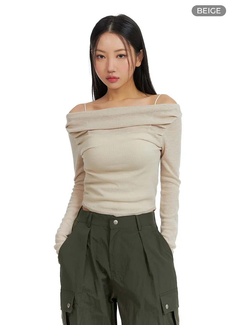 Semi-Ruched Solid Off-Shoulder Long Sleeve CM411