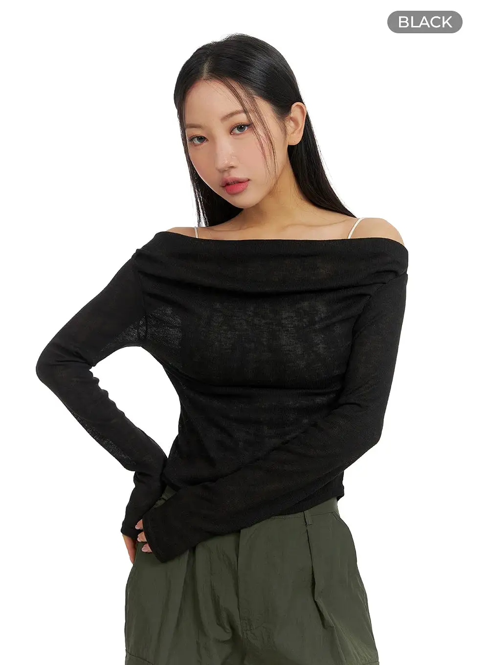 Semi-Ruched Solid Off-Shoulder Long Sleeve CM411