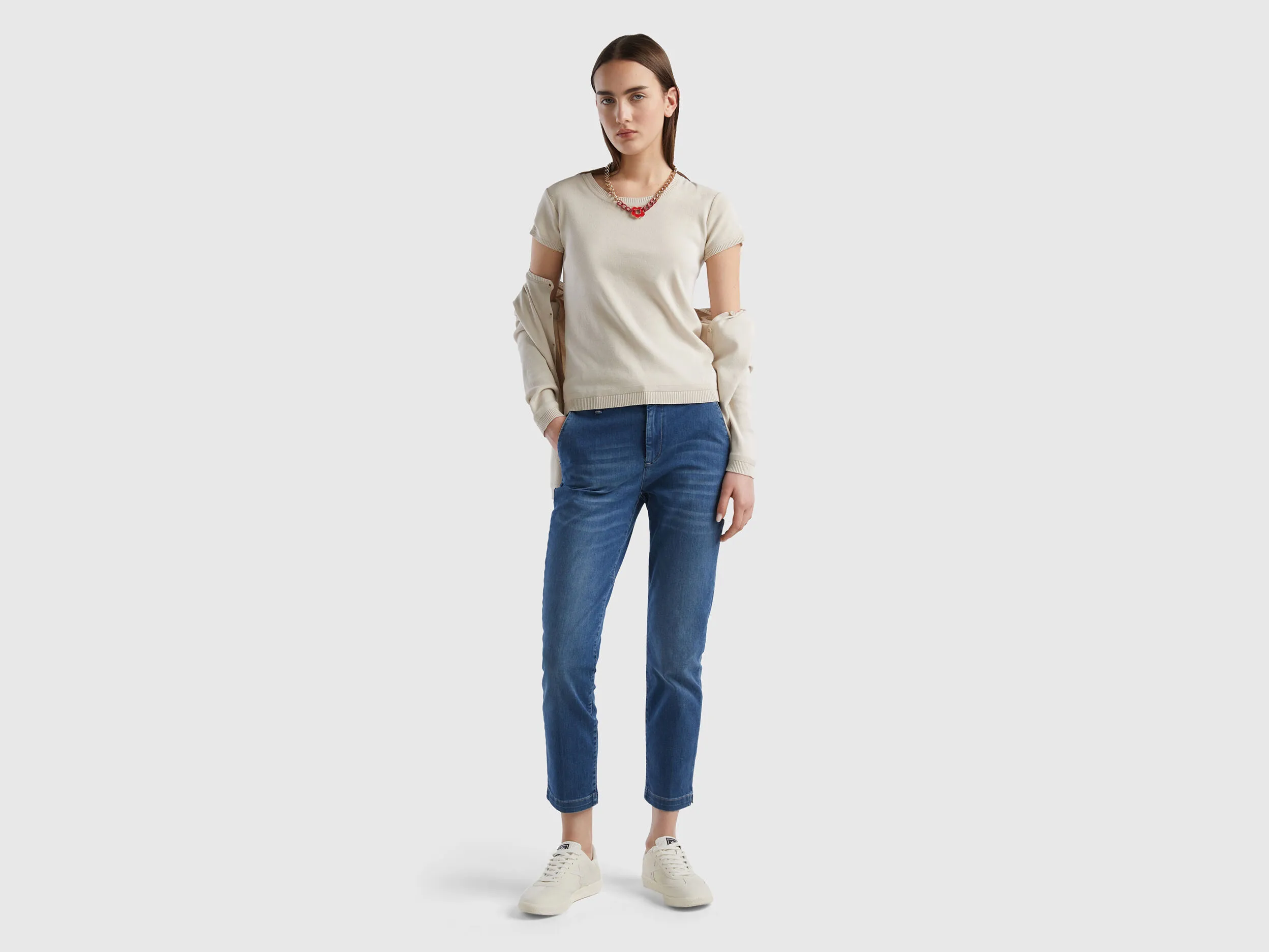 Short sleeve sweater in 100% cotton - Beige | Benetton