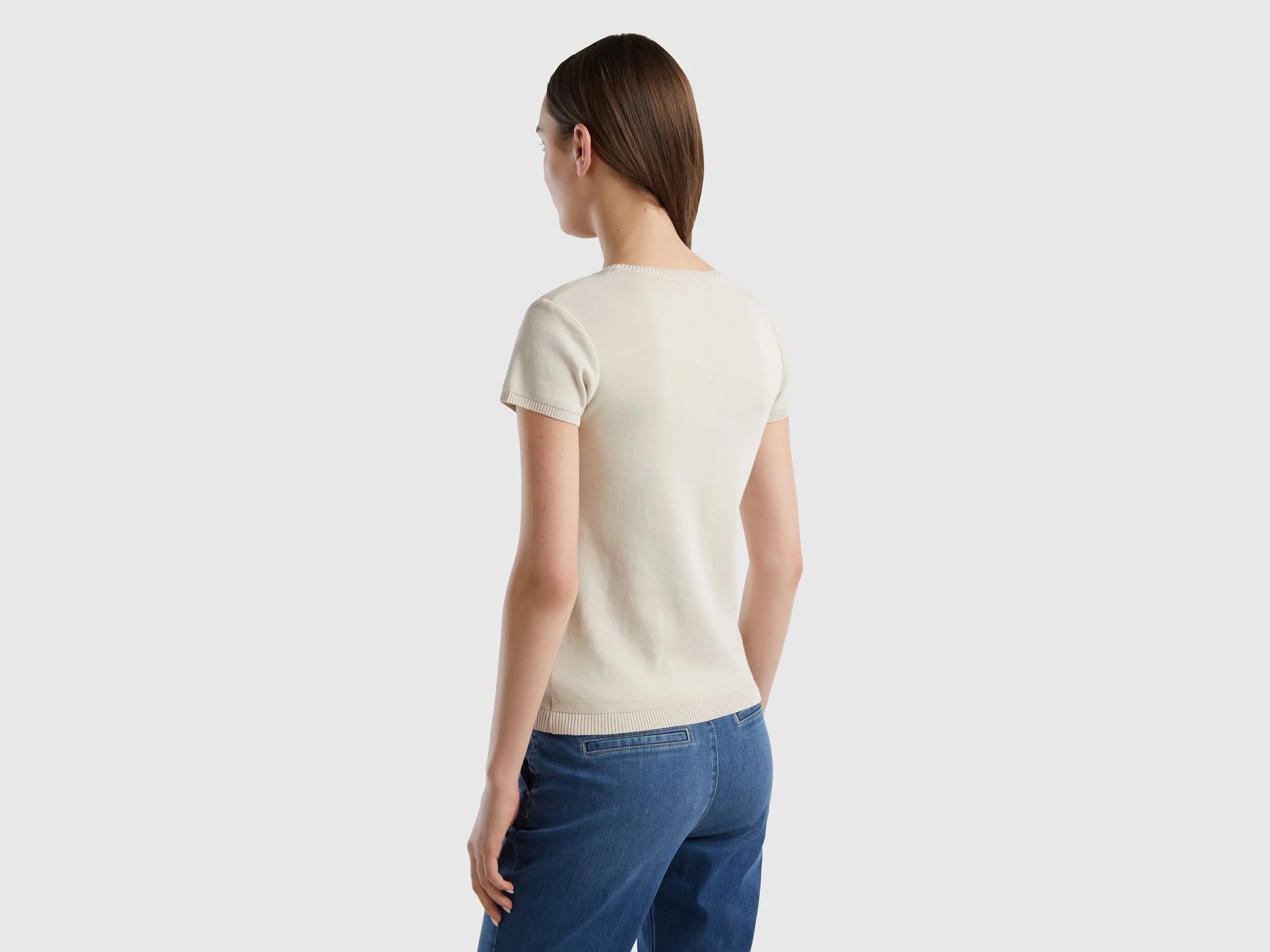 Short sleeve sweater in 100% cotton - Beige | Benetton