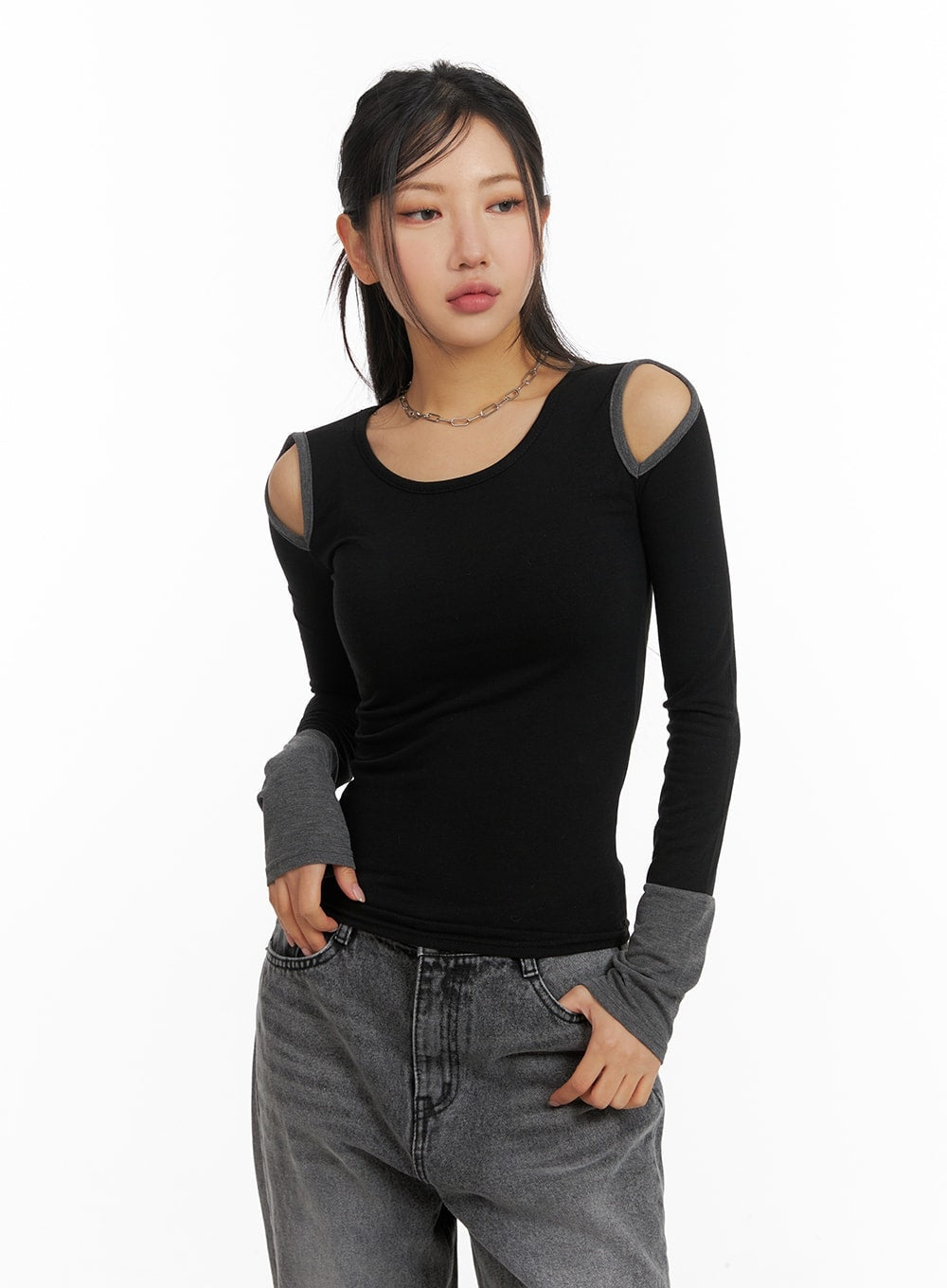 Shoulder Cut Out Contrasting Long Sleeve CM412