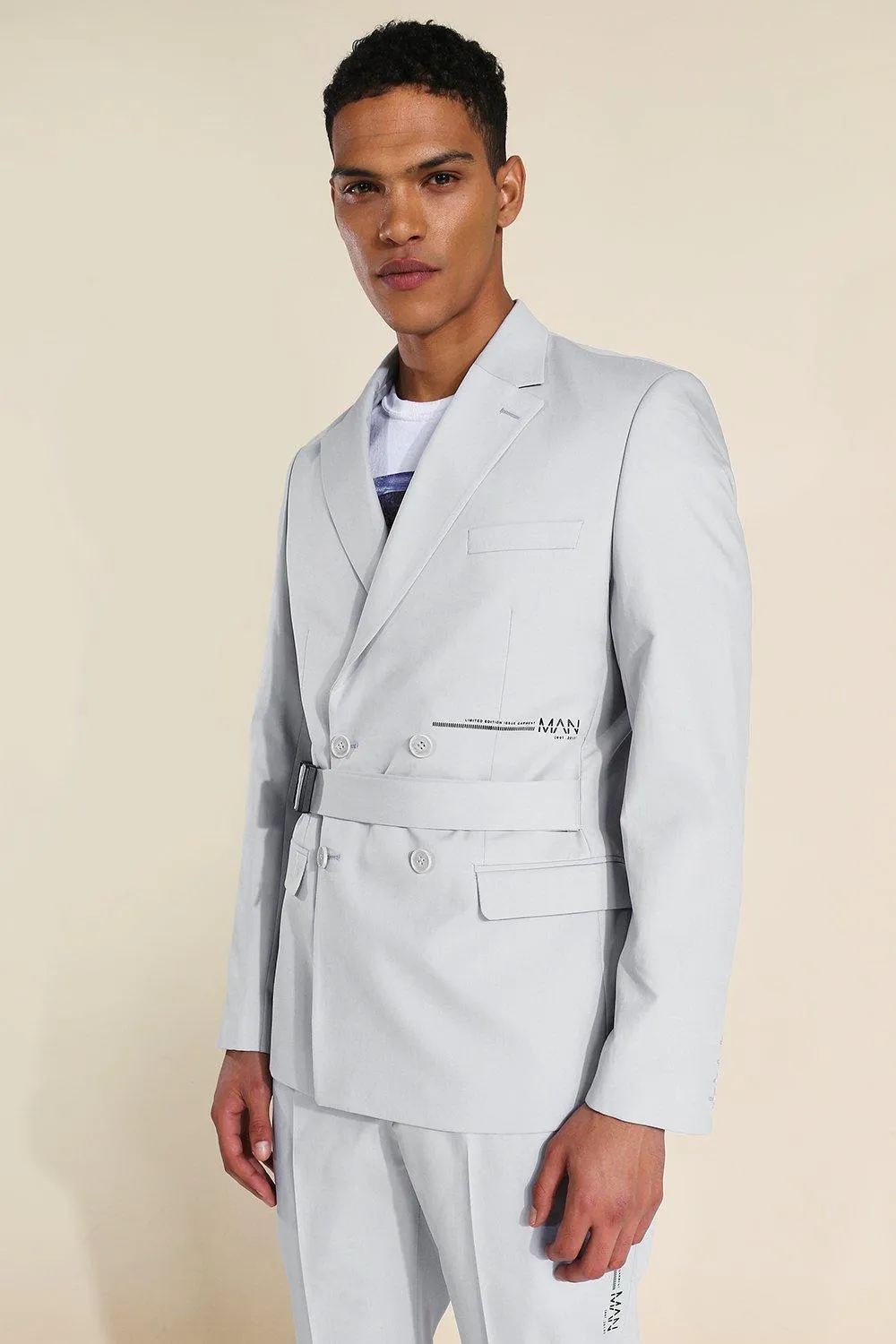 Slim Belted Double Breasted Suit Jacket