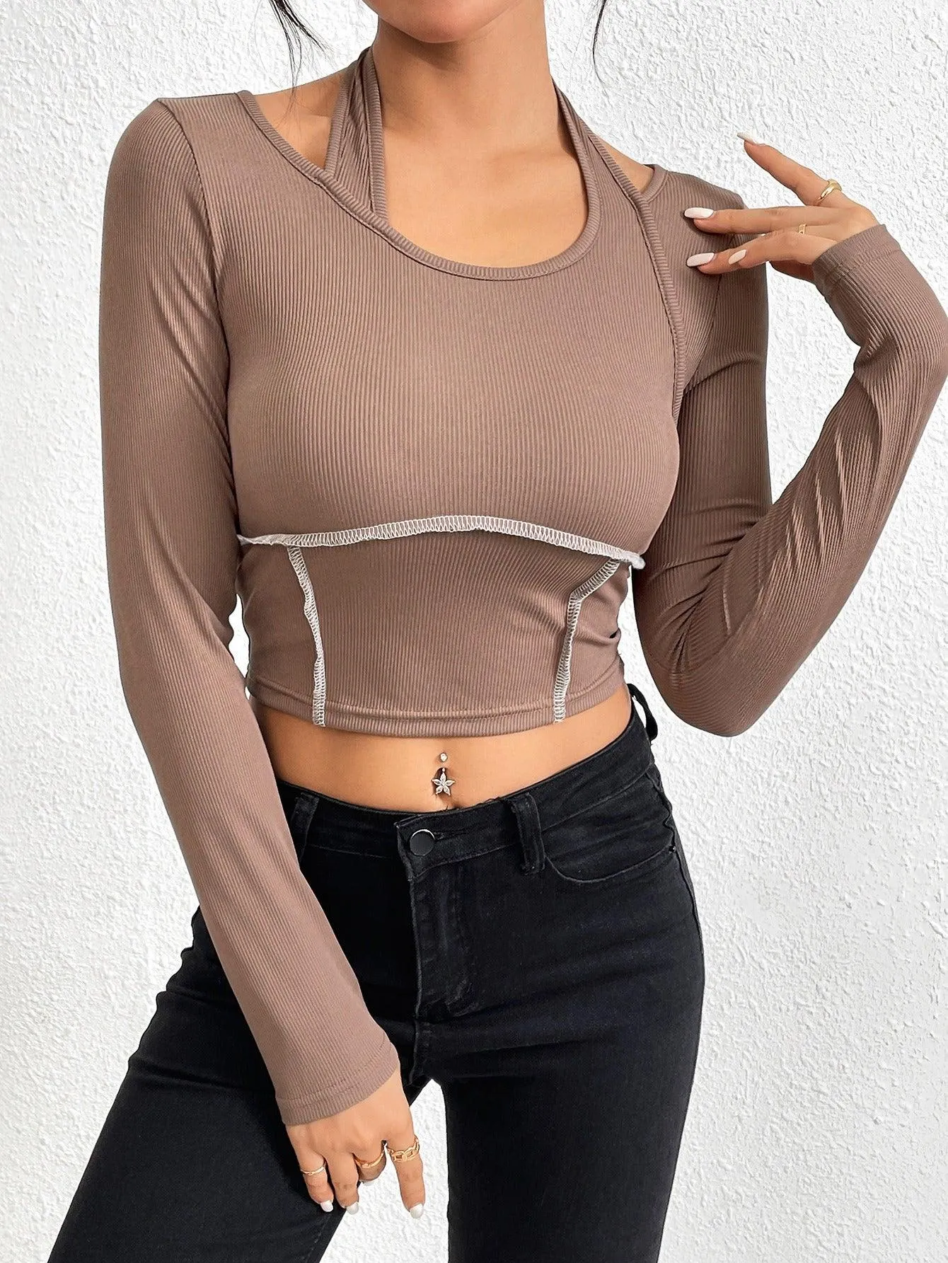 Slim fit knitted long sleeved sewing thread exposed hanging neck T-shirt fashion top