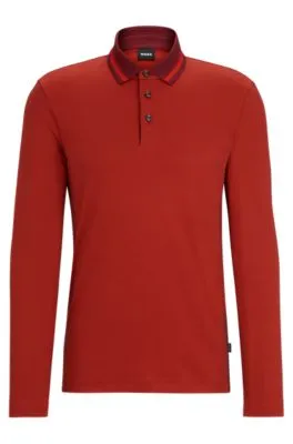 Slim-fit long-sleeved polo shirt with woven pattern