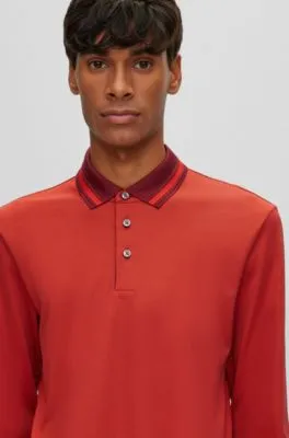 Slim-fit long-sleeved polo shirt with woven pattern