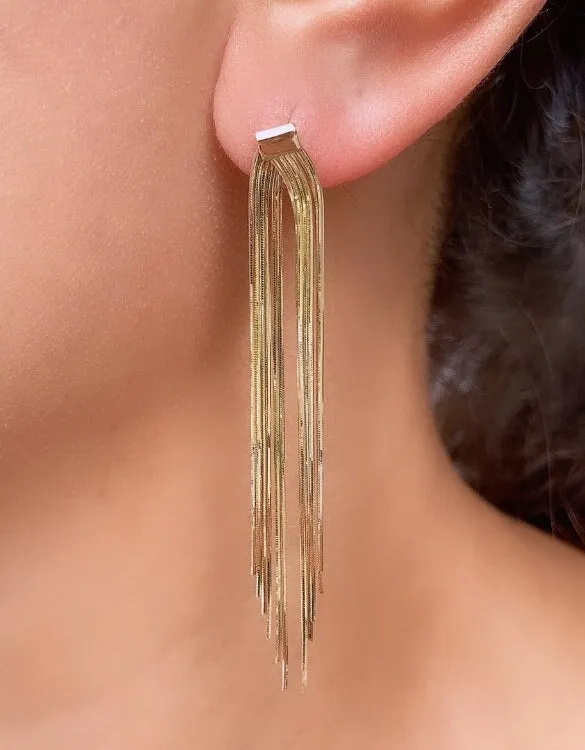 Solid 18K Gold Shiny Long Fringe Earrings Ear Dangles 3.8g R3109