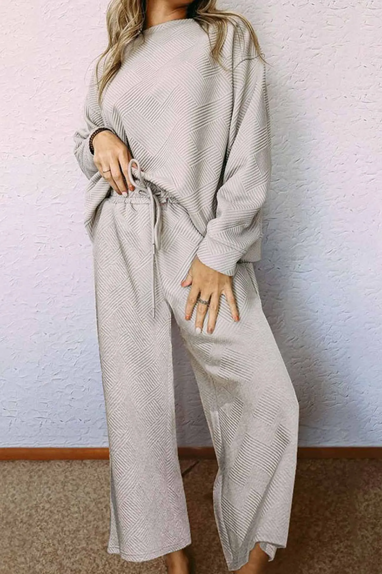 Solid Color Long Sleeve Long Pant Textured Set