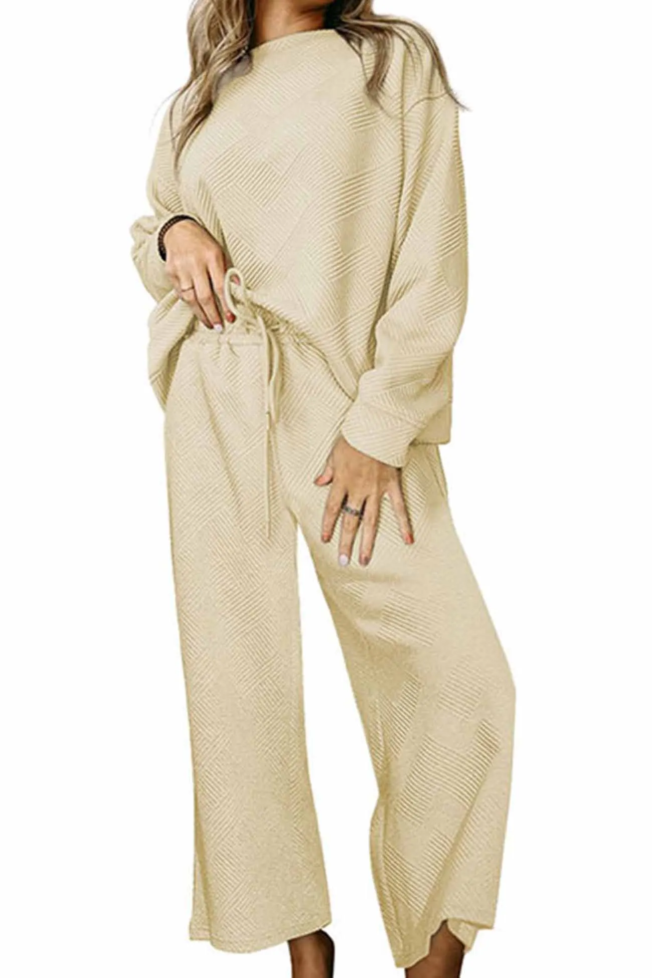 Solid Color Long Sleeve Long Pant Textured Set