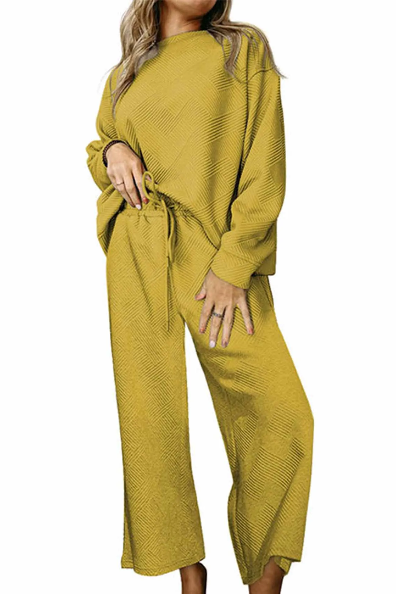 Solid Color Long Sleeve Long Pant Textured Set