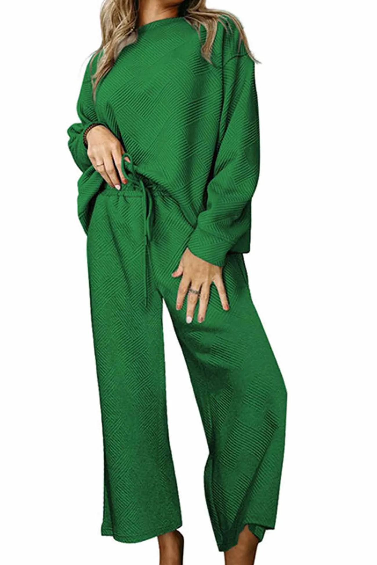 Solid Color Long Sleeve Long Pant Textured Set