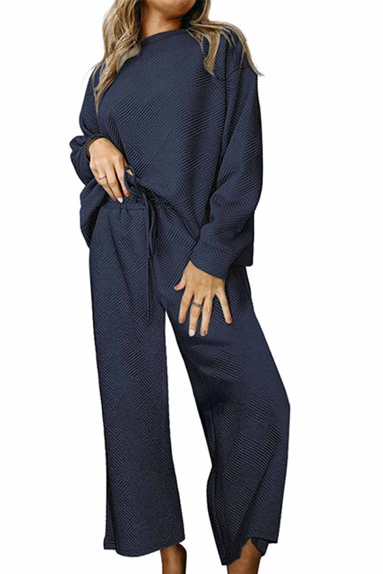 Solid Color Long Sleeve Long Pant Textured Set