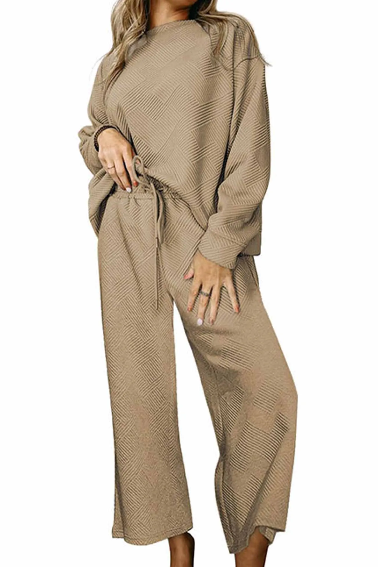 Solid Color Long Sleeve Long Pant Textured Set