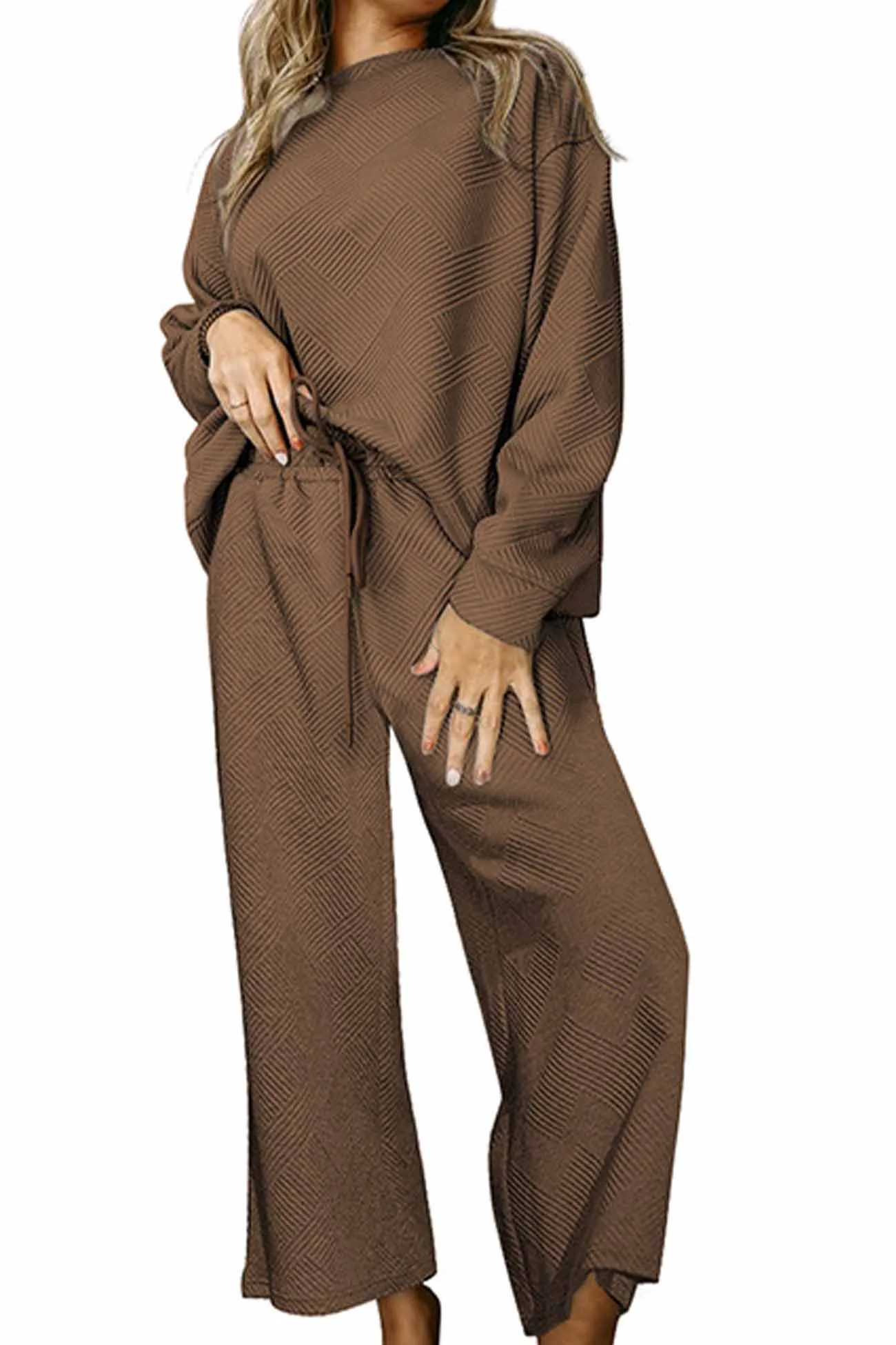 Solid Color Long Sleeve Long Pant Textured Set